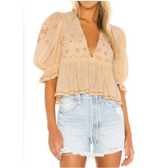 Free People Tops - Free People Tallulah Embroidered Blouse Belle of Georgia Puff Sleeves Tie Size M